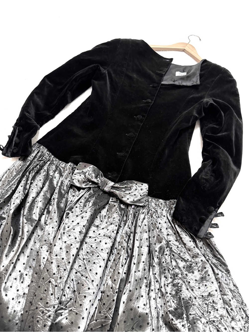 Laura Ashley Vintage Sz 10 Velvet Evening Dress Taffeta Skirt Polka Dot Bow